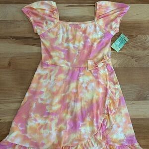 Girls' Tie-Dye Pink & Yellow Ruffle Dress with Bow Size 7-8